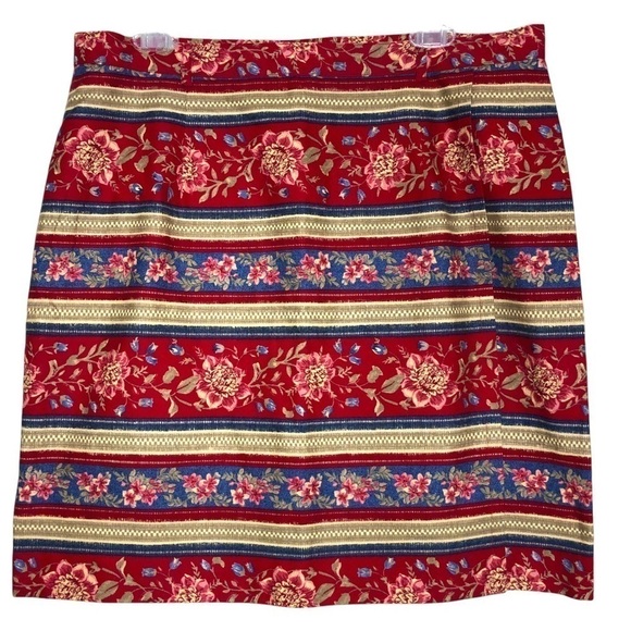 Vintage - TALBOTS - 100% Cotton Red, Tan, Blue Striped Floral Skirt - Size 18
